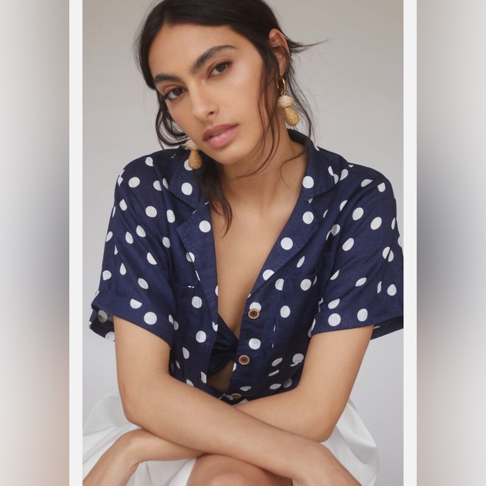 Maeve by Anthropologie navy polka dot linen blouse